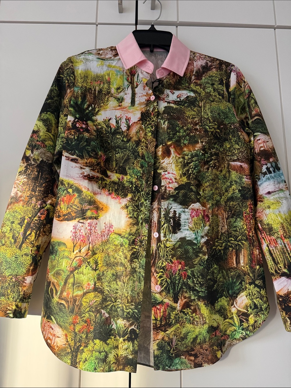 Carven Multicolor Botanical Print Button-Down Shirt with Pink Collar